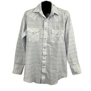 VTG Karman Light Blue Western Button Down Shirt 16 1/2 Pearl Snap‎ Sz 34